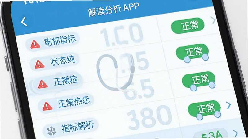主体为体检报告解读分析App的指标解析页面,布局为列表形式,每行显示一个指标名称及其状态,排版紧凑,风格为清新医疗蓝,细节包含红色警示图标和绿色正常图标,画质清晰,干净,无多余元素