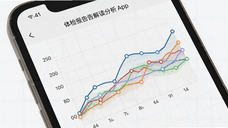 主体为体检报告解读分析App的趋势对比页面,布局为折线图为主,背景为浅色网格,排版简洁,风格为数据可视化风,细节包含多条不同颜色的趋势线,画质清晰,干净,无多余元素