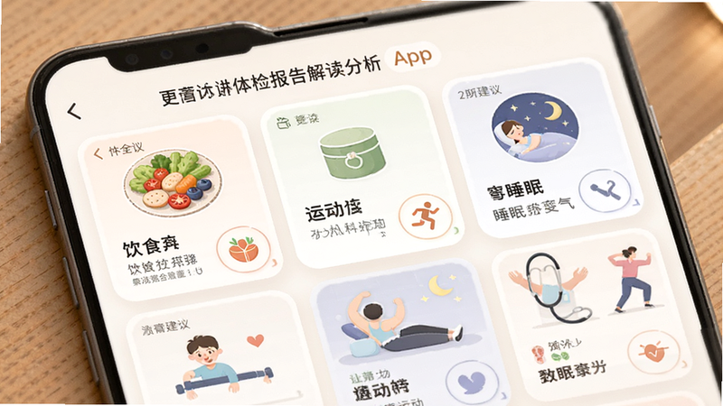 主体为体检报告解读分析App的健康建议页面,布局为卡片式,每张卡片展示一种建议类型如饮食、运动、睡眠,排版美观,风格为温暖生活风,细节包含食物插图和运动图标,画质高,干净,无多余元素