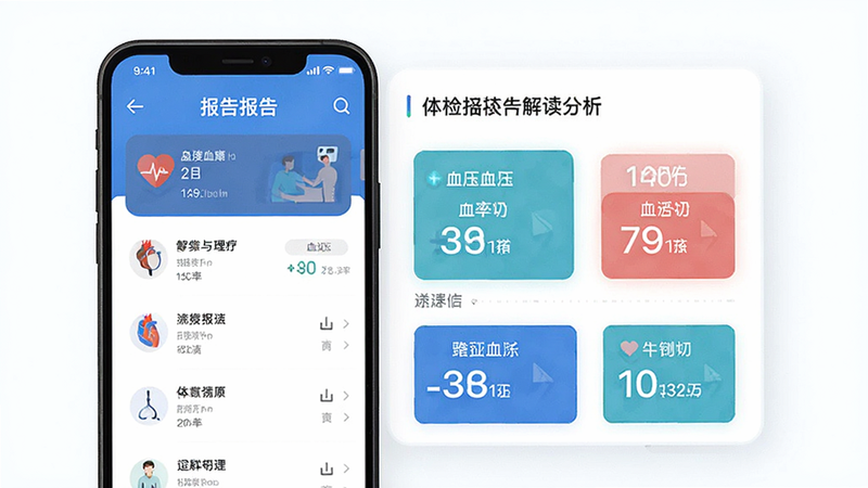 主体为体检报告解读分析App的手机界面展示,布局清晰,左侧为报告列表,右侧为详细解读卡片,排版整齐,风格为扁平化医疗科技风,细节包括心率、血压等关键指标的高亮显示,画质高清,干净,无多余元素