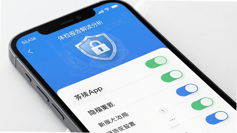 主体为体检报告解读分析App的隐私设置页面,布局为开关列表,排版规整,风格为安全盾牌图标元素,细节包含加密锁图标,画质高清,干净,无多余元素