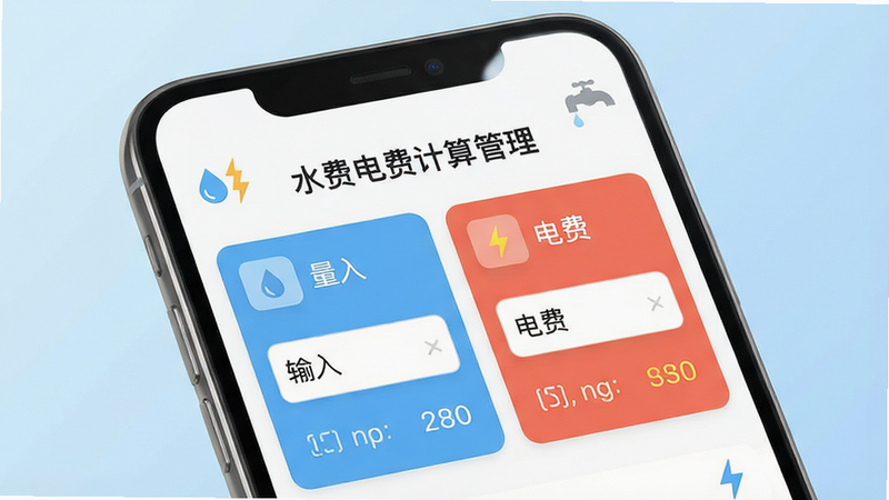 主体为一部现代智能手机,屏幕显示“水费电费计算管理”应用界面,界面分为水费与电费两个主要模块,包含用量输入框与结果展示区,背景为简洁的浅蓝色渐变,布局清晰,排版整齐,风格为扁平化UI设计,细节处有水滴与闪电图标点缀,画质高清,干净,无多余元素