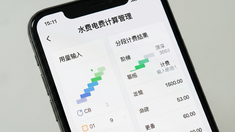 主体为手机屏幕特写,显示“水费电费计算管理”中的阶梯计算详情页,界面左侧为用量输入栏,右侧为分段计费结果列表,背景为白色卡片式设计,布局左右分明,排版紧凑有序,风格为简约商务风,细节处有阶梯状进度条指示,画质清晰,干净,无多余元素