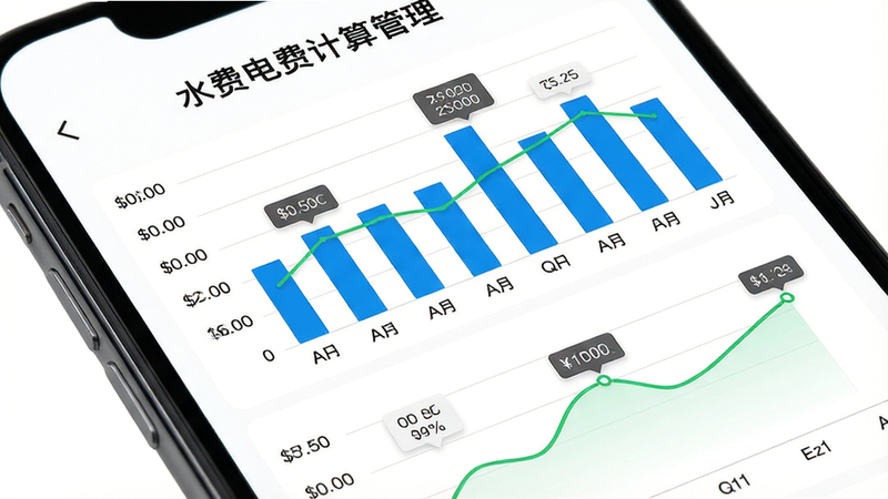 主体为手机屏幕,显示“水费电费计算管理”的报表分析页面,包含蓝色柱状图和绿色折线图,横轴为月份,纵轴为费用金额,背景为纯白,布局上下分布,排版清晰易读,风格为数据可视化设计,细节处有数据标签悬浮显示,画质细腻,干净,无多余元素