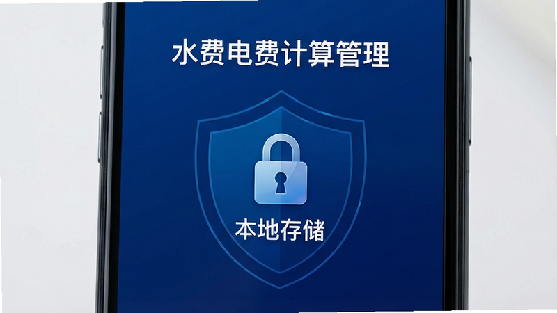 主体为手机屏幕,显示“水费电费计算管理”的数据安全提示页面,包含锁形图标与“本地存储”文字,背景为深蓝色,布局居中,排版简洁,风格为科技安全风,细节处有盾牌轮廓,画质清晰,干净,无多余元素