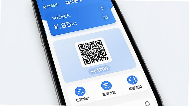 生成一张现代简约风格的APP界面展示图,主体为“联付助手”手机应用首页,布局清晰,上方显示今日收入统计卡片,中间为醒目的收款码二维码,下方排列“交易明细”、“费率设置”、“客服支持”三个功能图标,配色以科技蓝和白色为主,扁平化设计,无多余装饰,高清,干净,无水印