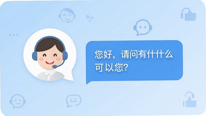 生成一张客服对话界面的概念图,主体为一个微笑的客服头像气泡,旁边显示“您好,请问有什么可以帮您?”的文字气泡,背景为柔和的蓝色渐变,图标简洁友好,体现服务的亲切感,无具体文字内容,高清,干净,无多余元素