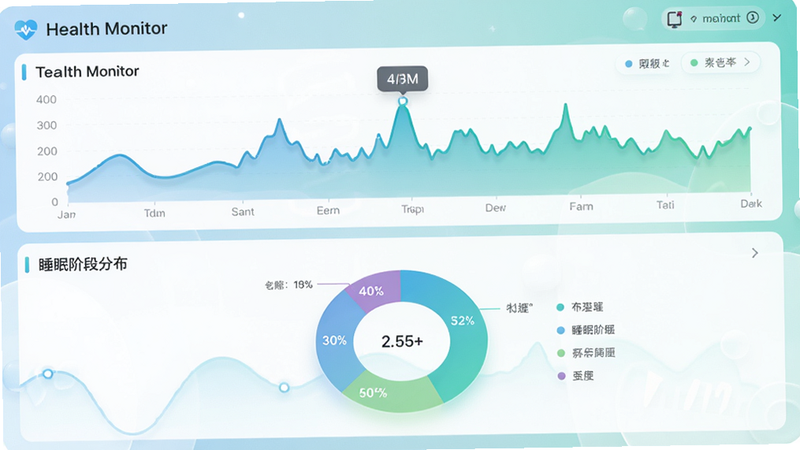 展示HAVIT LIFE健康数据图表的UI设计图,主体为折线图与环形图组合,布局为上下分栏,上方为实时心率跳动曲线,下方为睡眠阶段分布饼图,配色采用清新蓝绿渐变,风格扁平化,细节丰富,质感通透,画质高清,无多余装饰,文字标注