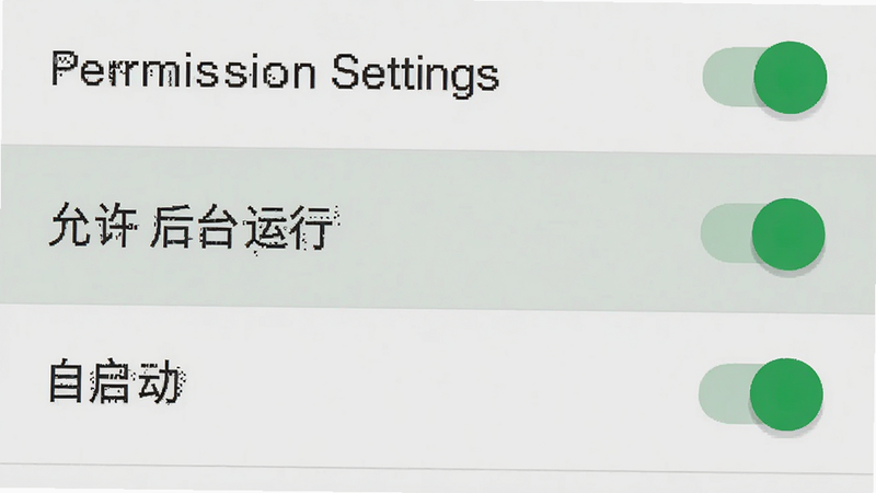 手机屏幕显示HAVIT LIFE权限设置页面的示意图,主体为安卓系统设置界面,布局为列表式,高亮显示“允许后台运行”和“自启动”开关,背景为浅灰色,风格系统原生UI,细节清晰,开关状态为开启绿色,画质清晰,无其他干扰元素,文字显示