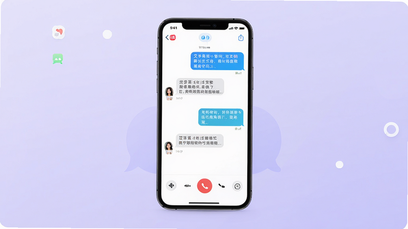 主体为艾米聊手机应用界面全景图,布局采用中心对称设计,中央展示聊天窗口与语音通话按钮,背景为柔和的淡紫色渐变,排版清晰,风格现代简约,细节包含清晰的图标与文字气泡,画质高清,干净,无多余元素