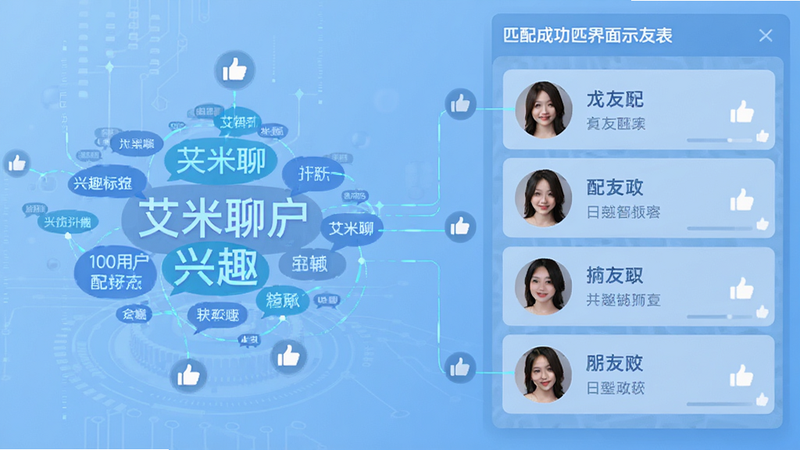 主体为艾米聊智能匹配界面示意图,布局为左右分栏,左侧显示用户兴趣标签云,右侧显示匹配成功的好友列表,背景为浅蓝色科技风,排版整齐,风格数字化,细节包含连接线与点赞图标,画质清晰,干净,无多余元素