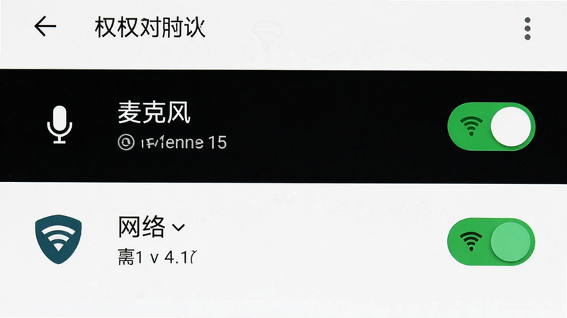 主体为手机设置界面截图,布局聚焦于权限管理选项,显示“麦克风”与“网络”权限开关为开启状态,背景为白色简洁风格,排版清晰,细节包含Android系统图标,画质清晰,干净,无多余元素