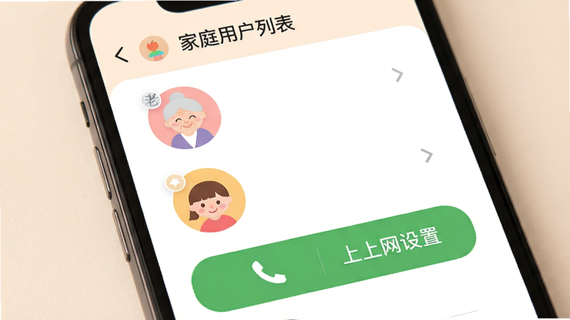 手机界面展示家庭用户列表,包括老人、儿童图标,旁边有视频通话和上网时间设置按钮,布局温馨,排版有序,风格亲和,细节柔和,画质高清,干净,无多余元素