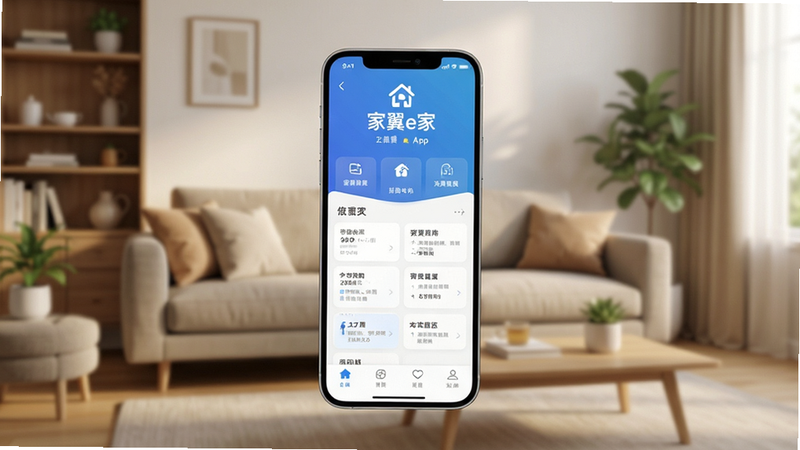 主体为一部现代智能手机,屏幕显示“家翼e家”App的主界面,背景是温馨的客厅场景,布局清晰,排版整洁,风格简约科技风,细节丰富,画质高清,干净,无多余元素