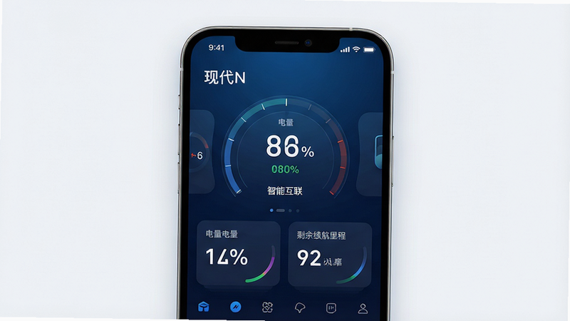生成一张现代N手机应用的高保真UI设计图,主体为手机屏幕界面,布局清晰展示车辆实时状态仪表盘、电量百分比、剩余续航里程等核心数据模块,排版采用现代极简主义风格,背景为深蓝色科技感渐变,细节处体现流畅的线条与柔和的阴影,画面中包含文字“现代N”及“智能互联”,画质8k,干净,无多余元素