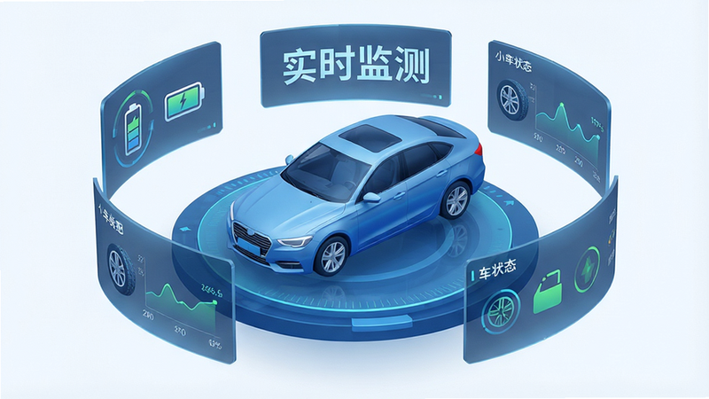 绘制一张车辆数据可视化概念图,主体为悬浮的汽车3D模型,周围环绕着半透明的数据面板,布局呈环形分布,包含电池图标、轮胎压力图表、车门状态指示器,风格为科技蓝调,细节丰富且富有层次感,画面中突出显示文字“实时监测”,画质高清,干净,无杂乱背景
