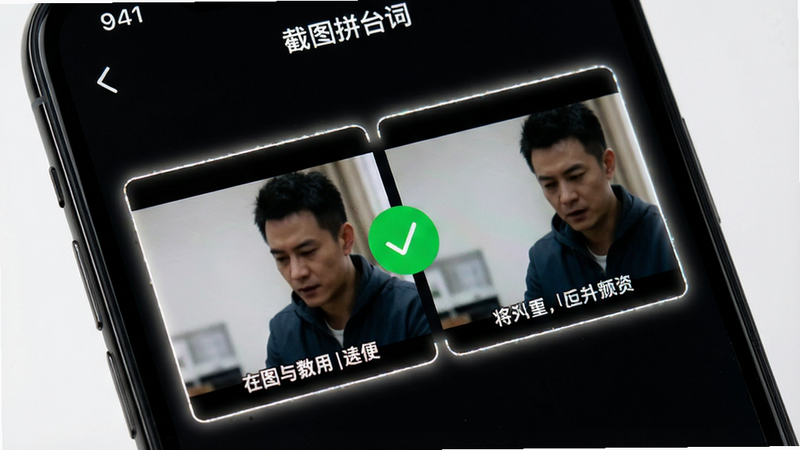 手机屏幕特写,显示“截图拼台词”APP的对齐功能界面,两张带有中文字幕的截图正在自动吸附对齐,界面中央显示绿色对勾图标,表示对齐成功,背景为深色模式,细节展示字幕边缘的光晕效果,画质清晰,干净,无多余元素