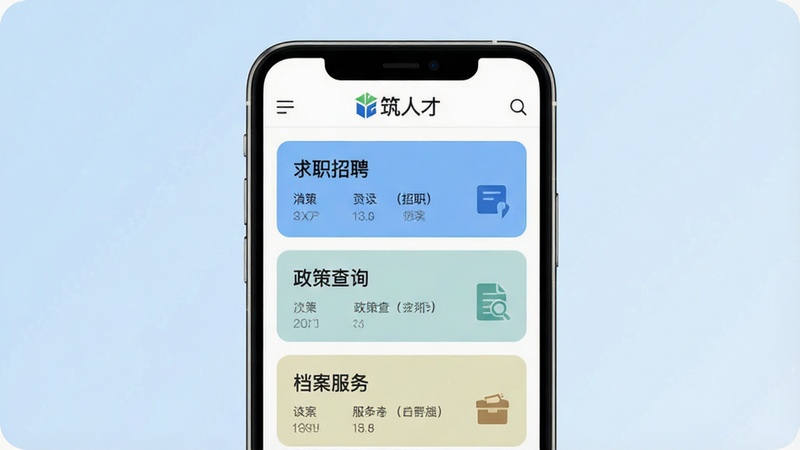 一张展示“筑人才”APP界面的概念图,主体为手机屏幕显示着首页,顶部导航栏清晰可见“筑人才”Logo,下方分为“求职招聘”、“政策查询”、“档案服务”三个大板块,背景为简洁的浅蓝色渐变,风格现代扁平化,画质高清,无多余装饰,文字内容准确清晰