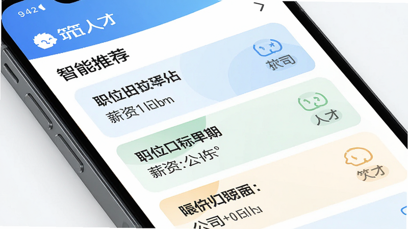 手机界面特写,显示“智能推荐”模块,列出三条具体职位卡片,包含职位名称、薪资范围、公司名称,界面布局整洁,配色清新,突出“筑人才”品牌标识,高清矢量风格,细节丰富