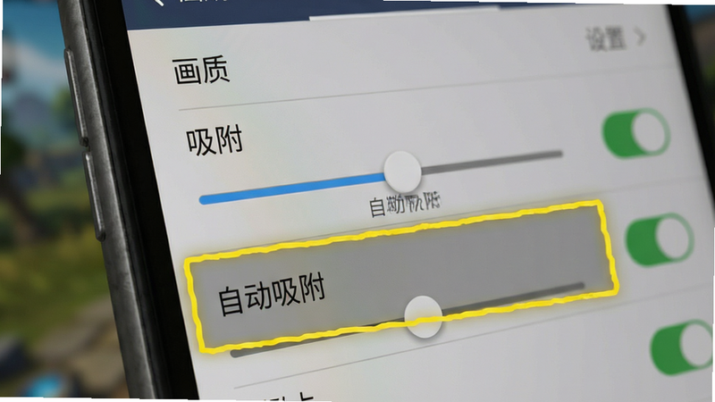 主体为手机屏幕界面,显示游戏设置菜单,其中“画质设置”和“自动吸附”选项被高亮框选。布局上,左侧是手机边框,右侧是设置列表,背景虚化。排版清晰,重点突出关键选项。风格为写实UI截图风,色调中性。细节展示滑块位置和开关状态。画质清晰,无多余元素,文字显示为“画质”、“吸附”,准确无误。