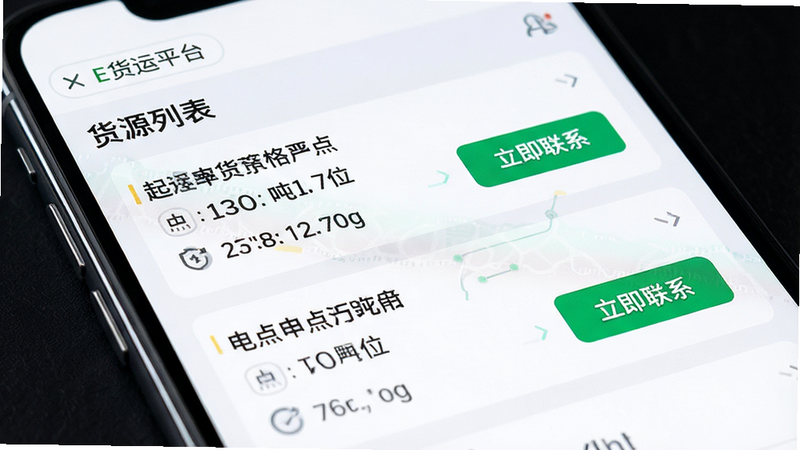 主体为手机屏幕特写,显示E货运平台APP内的货源列表页面,布局清晰,每条货源记录包含起止点、吨位、发布时间,风格科技感,细节展示绿色“立即联系”按钮,画质清晰,干净,无多余元素,文字标签为