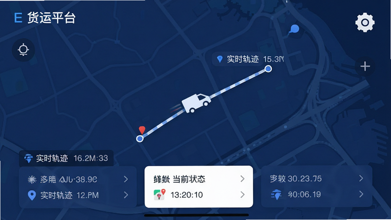 主体为E货运平台APP内的物流轨迹地图界面,布局以深蓝色地图为背景,中间显示白色车辆图标及移动轨迹线,底部显示当前状态卡片,风格专业地图UI,细节包含经纬度坐标与时间戳,画质高清,干净,无多余元素,文字标签为