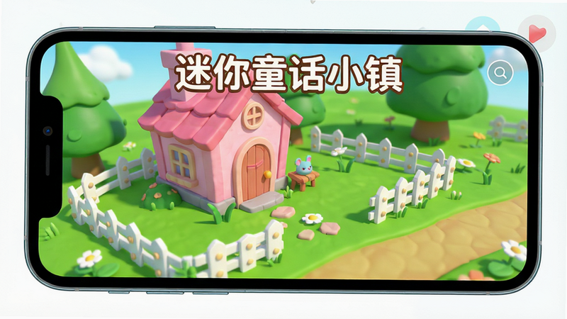 主体为手机屏幕显示的游戏画面,布局为居中展示,排版简洁,风格为清新卡通3D渲染,细节包含粉色小屋、绿色草坪、白色栅栏,画质高清,干净,无多余元素,图片中包含文字