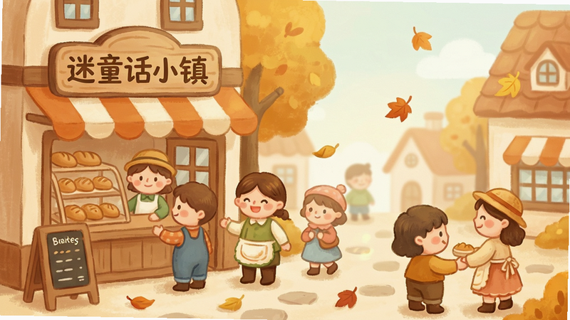 主体为小镇居民生活场景,布局为平视镜头,排版生动,风格为温馨插画风,细节包含面包店招牌、微笑的NPC、飘落的树叶,画质柔和,干净,无多余元素,图片中包含文字