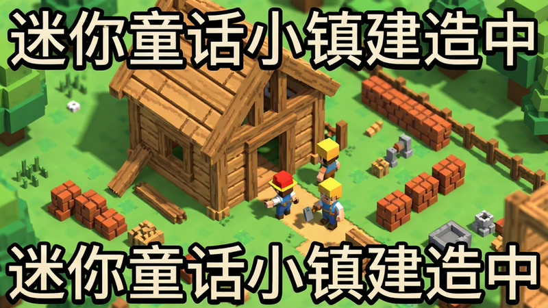 主体为游戏内建造场景,布局为俯视视角,排版丰富,风格为像素风与3D结合,细节包含正在搭建的木屋、散落的砖块、工人角色,画质细腻,干净,无多余元素,图片中包含文字