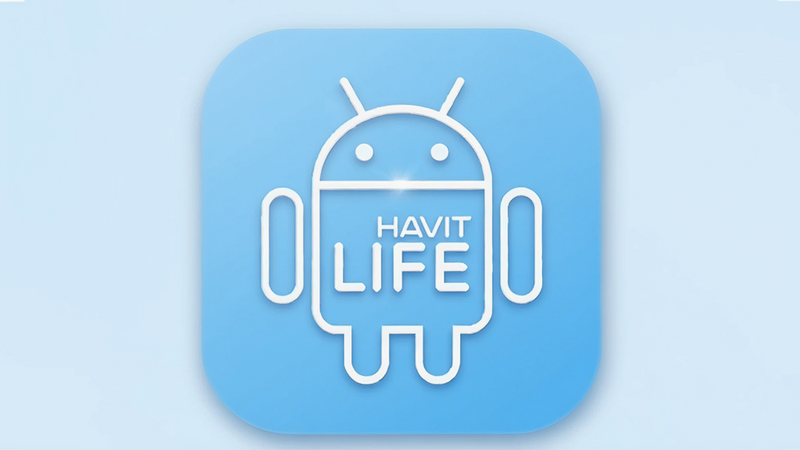 主体为HAVIT LIFE安卓应用图标,背景为纯净浅蓝色渐变,图标呈现白色简约线条风格,布局居中,排版简洁现代,风格清新科技,细节包含细微阴影与高光效果,画质高清,干净无多余元素