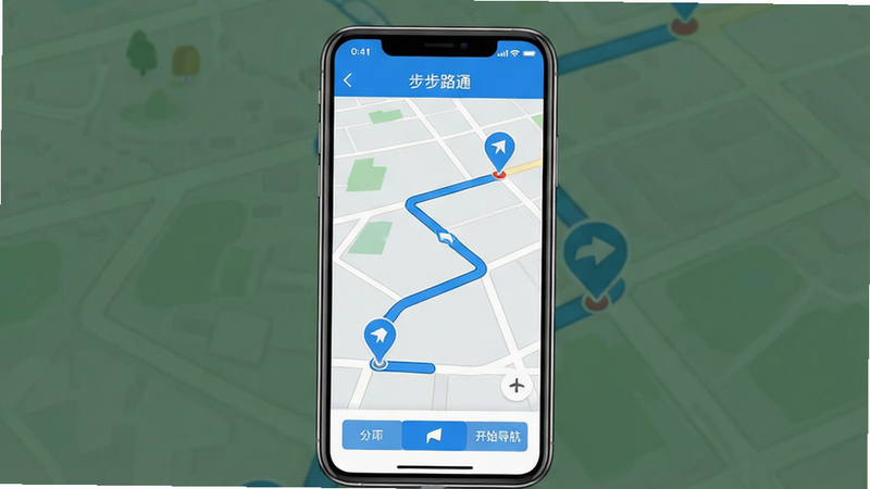 һ��չʾ������·ͨ��APP���Ľ���ĸ���UI���ͼ������Ϊ�ֻ���Ļ����Ļ������ʾһ����������ɫ����·�ߣ������յ�������������Ϊ���ĵ�ͼ�ֵ���ͼ������״̬����ʾʱ��͵������ײ��м��Ĳ�����ť��������Ϊ��ƽ�����Ƽ��С���ɫ����������ʾ������·ͨ��������ʼ�����������ʸ��壬�޶�������Ԫ�أ��ɾ����