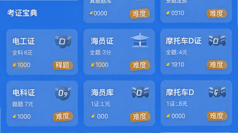 APP����б�ҳ���棬����չʾ��ͬ��֤����Ŀ�Ƭ���硰�繤֤��������Ա֤������Ħ�г�D֤����ÿ����Ƭ��ʾ��Ŀ�������Ѷȱ�ǩ������Ϊ����״��������ִ�����ɫ�������������������ʸ��壬�ɾ��޶���Ԫ�أ����ְ���