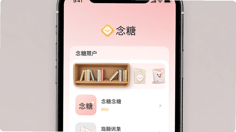 主体为手机屏幕界面,展示念糖APP首页,背景为淡粉色渐变,布局居中,排版整洁,风格简约清新,细节包含“念糖”Logo及书架列表,画质高清,干净,无多余元素