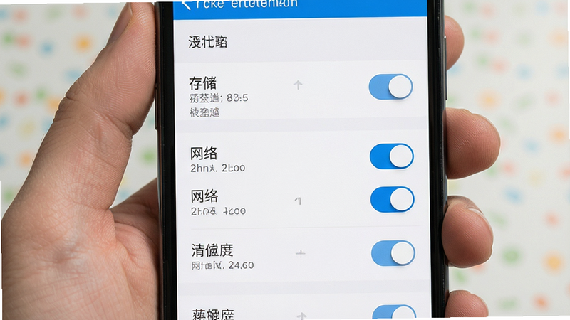 主体为手机设置界面,展示权限管理列表,布局纵向排列,排版清晰,风格扁平,细节包含“存储”“网络”权限开关,画质清晰,干净,无多余元素