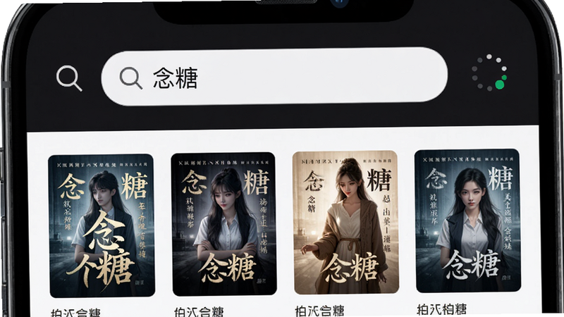 主体为手机搜索界面,显示“念糖”搜索框,下方列出多部小说封面,布局上下结构,排版紧凑,风格科技感与文艺结合,细节包含搜索图标与加载动画,画质清晰,干净,无多余元素