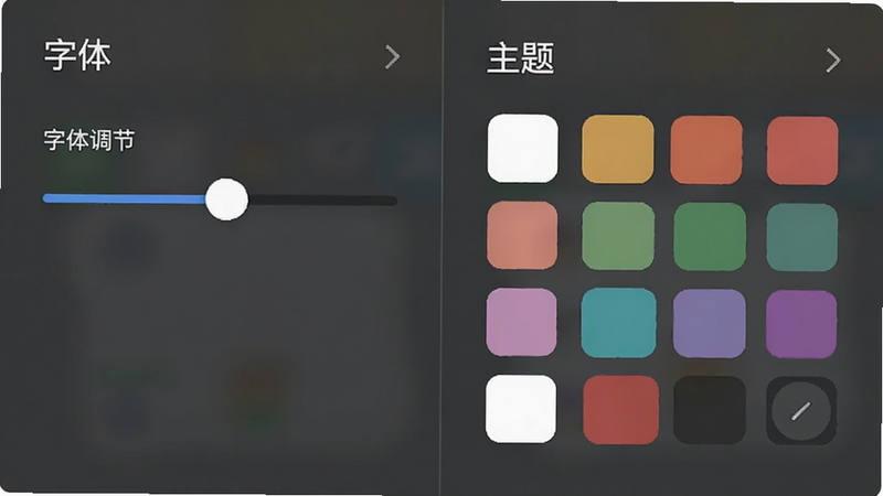 主体为设置界面,展示字体大小调节滑块与主题颜色选择色块,布局左右分栏,排版有序,风格扁平化,细节包含“字体”“主题”字样,画质细腻,干净,无多余元素
