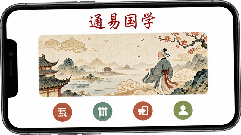 通易国学安卓版主界面预览图,手机屏幕显示简洁的白色背景,顶部有红色标题“通易国学”,中间是大面积的文化插画,底部是四个圆形功能图标,整体风格清新典雅,高清,无多余元素