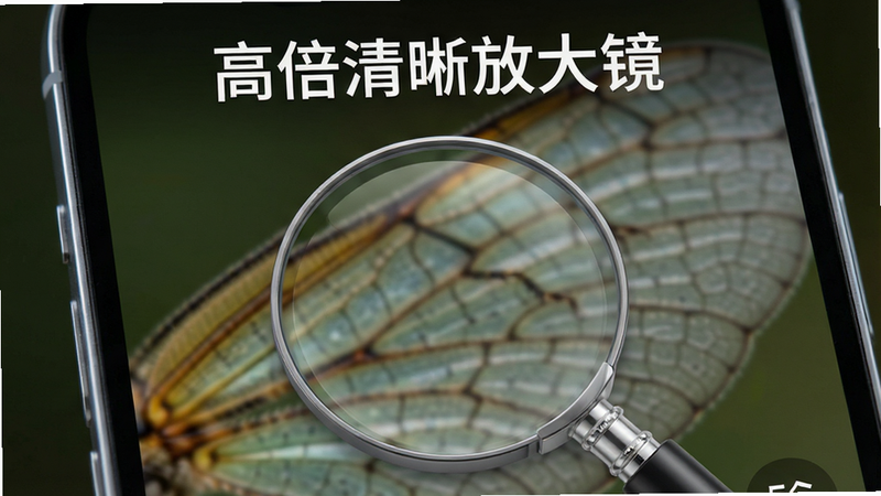 一张现代智能手机屏幕特写,屏幕中央显示一个圆形放大镜界面,背景是模糊的微距昆虫翅膀纹理,界面顶部有清晰的“高倍清晰放大镜”白色文字标题,整体风格简洁科技,高清无噪点,布局居中