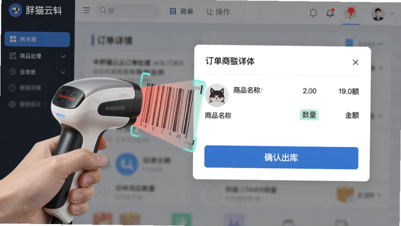 胖猫云订单处理界面,展示扫码枪扫描商品条码的动态效果,屏幕中央显示订单详情卡片,包含商品名称、数量、金额,下方有“确认出库”按钮,操作逻辑清晰,风格专业干练。