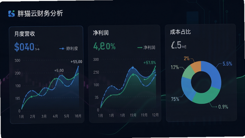 胖猫云财务分析仪表盘,深色背景衬托蓝色与绿色数据图表,包含“月度营收”、“净利润”、“成本占比”三个核心指标卡片,图表线条流畅,数据标签清晰,体现专业金融质感。