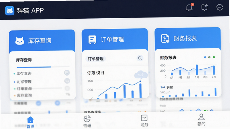 展示胖猫云安卓版APP主界面,整体布局整洁,顶部为深色导航栏,中间区域清晰展示“库存查询”、“订单管理”、“财务报表”三大核心功能入口卡片,底部为简洁标签栏。风格为现代扁平化UI设计,色调以科技蓝和白色为主,细节处体现数据可视化图表元素,高清渲染,干净无多余元素。