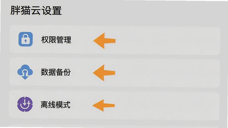 胖猫云设置界面截图,展示“权限管理”、“数据备份”、“离线模式”等选项,列表清晰,图标简洁,背景为浅灰色,突出操作指引的直观性。
