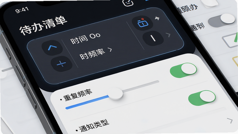 主体为“待办清单”APP提醒设置页面特写,布局包含时间选择器、重复频率选项、通知类型开关,风格科技感强,细节展示滑块调节与图标状态,画质细腻,干净,无多余元素