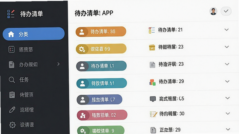 主体为“待办清单”APP分类管理界面,布局展示多个彩色标签列表,左侧为分类导航栏,右侧为对应任务详情,风格扁平化设计,细节包括标签颜色区分与图标标识,画质清晰,干净,无多余元素