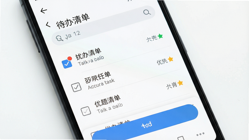 主体为安卓手机屏幕,显示“待办清单”APP主界面,布局清晰,顶部为搜索栏,中间为任务列表区域,底部为添加按钮,风格简约现代,细节包含任务勾选框、优先级标记图标,画质高清,干净,无多余元素