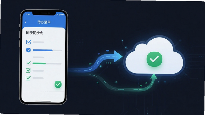 主体为“待办清单”APP数据同步示意图,布局展示手机与云端图标连接动画,风格简洁商务,细节包含同步进度条与确认勾选符号,画质高保真,干净,无多余元素