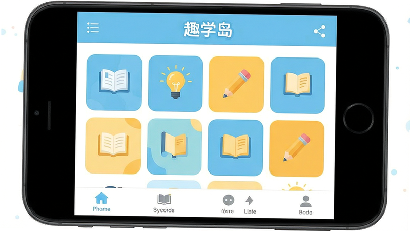 主体为趣学岛APP的手机屏幕界面,布局清晰分为顶部导航栏、中间核心功能网格区、底部标签栏,排版整齐,风格为清新扁平化UI设计,细节包含书本、灯泡、铅笔等教育元素图标,色彩以浅蓝和暖黄为主,画质高清,干净,无多余元素,文字
