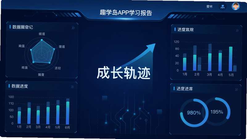 主体为趣学岛APP的学习报告页面,布局为数据仪表盘形式,排版对称,风格科技感与教育感结合,细节包含雷达图、柱状图、进度环,色彩以蓝色系为主,画质高清,干净,无多余元素,文字