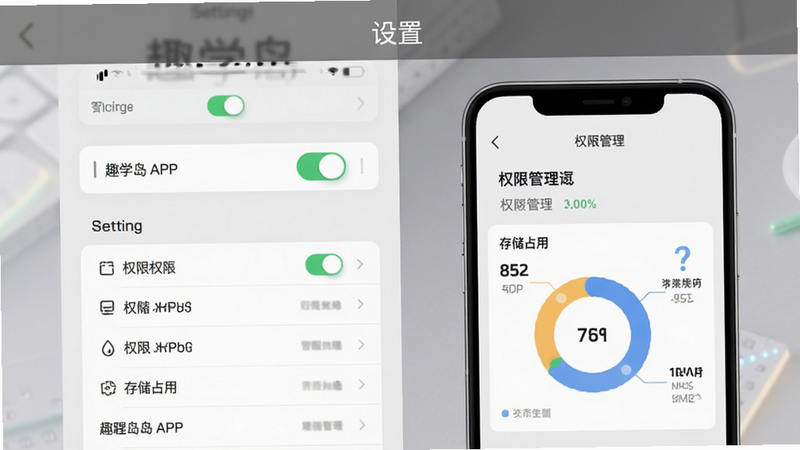 主体为趣学岛APP的设置页面与权限管理界面,布局为上下分栏,排版清晰,风格极简科技风,细节包含开关按钮、权限列表、存储占用图示,色彩以灰白为主,画质高清,干净,无多余元素,文字
