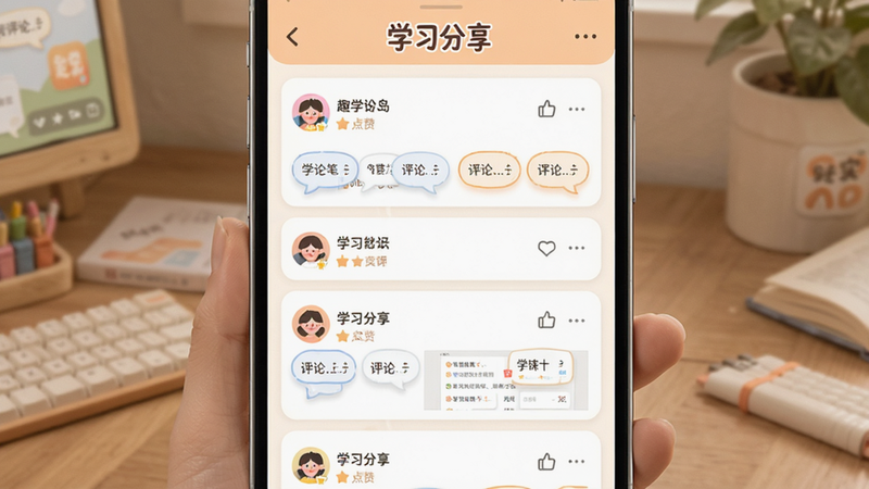 主体为趣学岛APP的社区论坛界面,布局为瀑布流帖子展示,排版灵活,风格温馨活泼,细节包含用户头像、点赞数、评论气泡、学习笔记截图,色彩柔和温馨,画质清晰,干净,无多余元素,文字